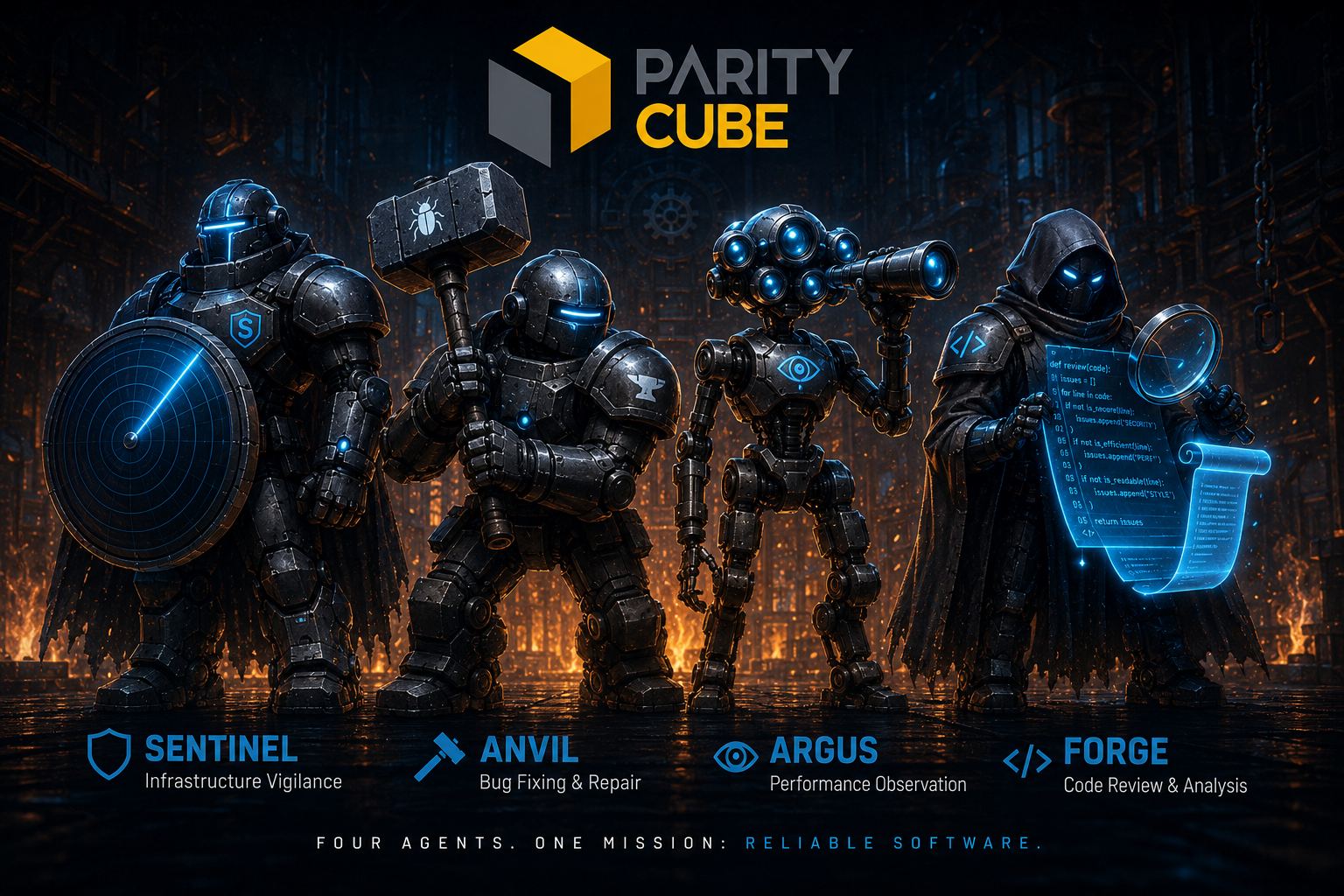 Project Foundry Agents — Sentinel, Anvil, Argus, Forge. Four agents, one mission: reliable software.